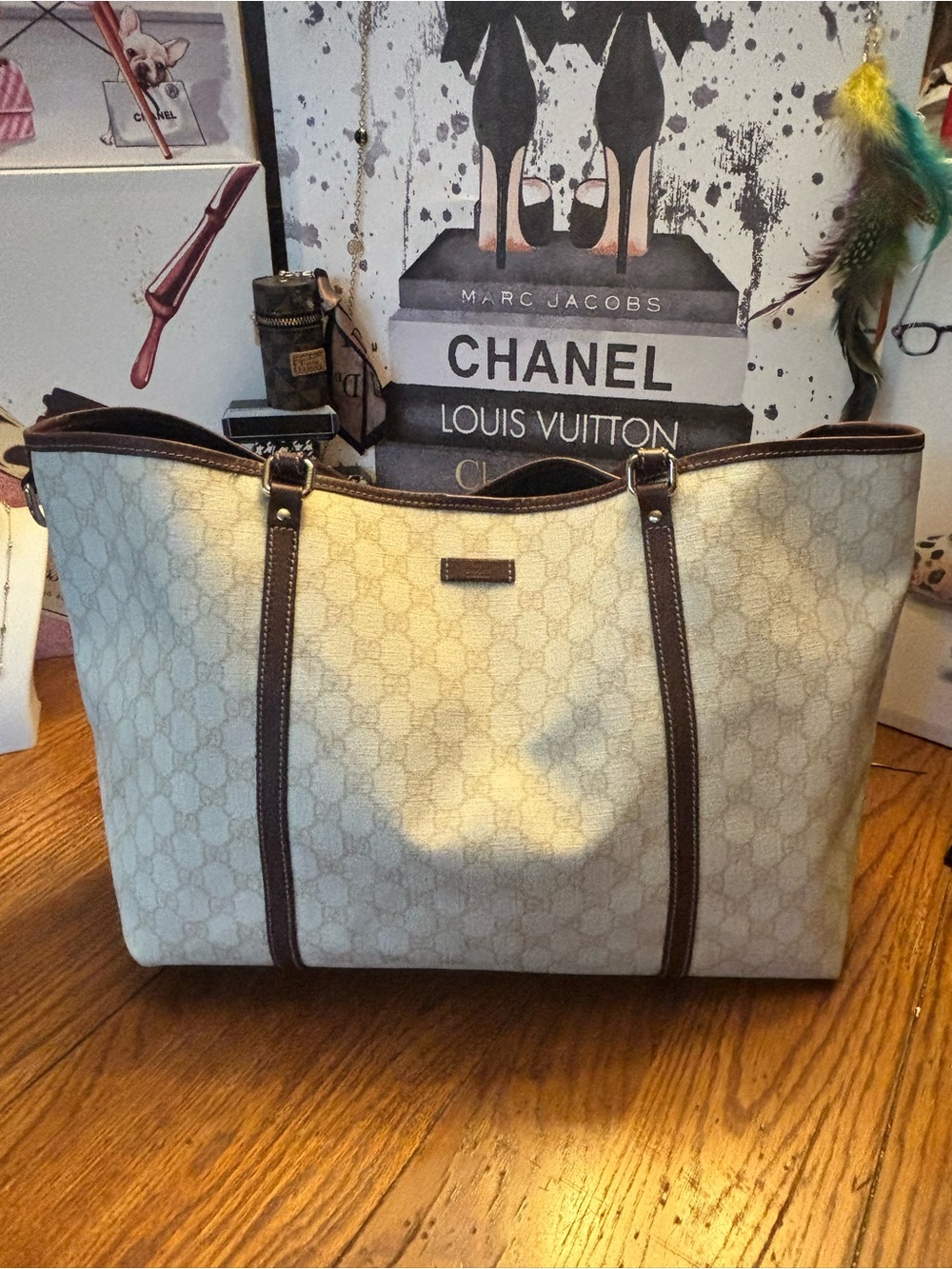 Authentic Gucci GG Supreme Canvas Large Tote Bag Brown Leather COA
